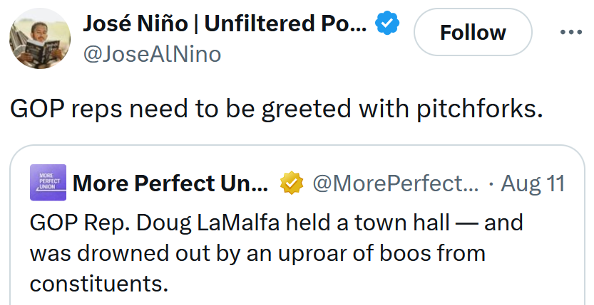 Tweet reading 'GOP reps need to be greeted with pitchforks.'