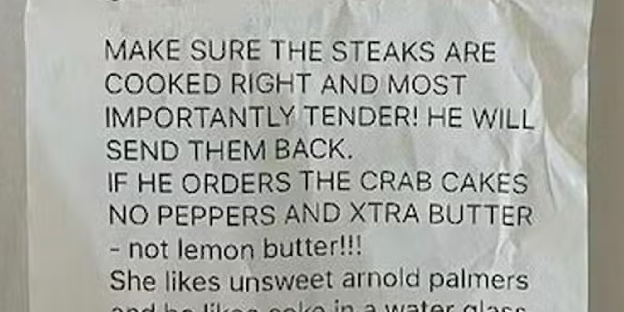 Photo of notes on restaurant receipt in all caps