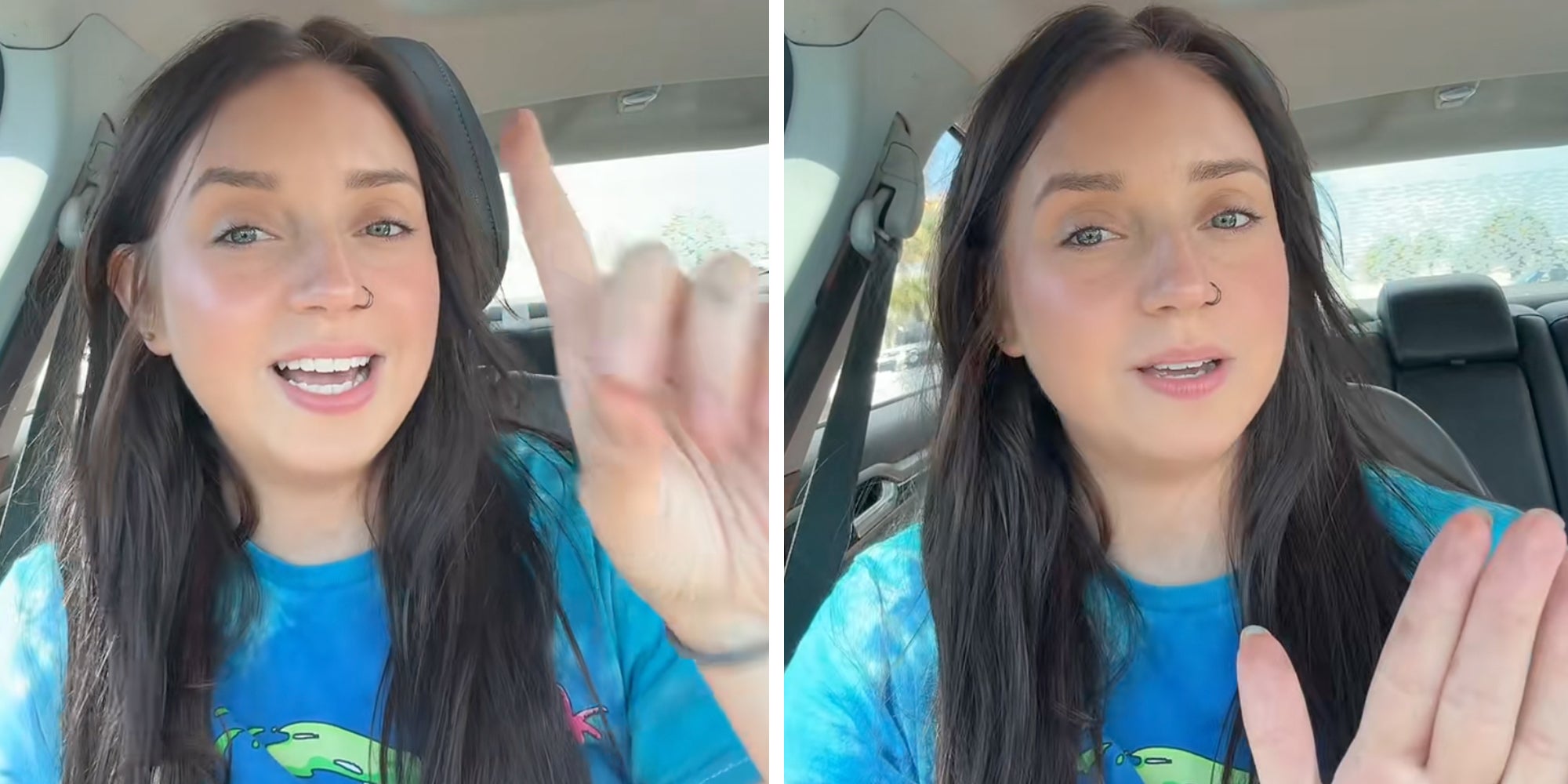 Woman in a blue shirt looking into the camera while sitting in her car.
