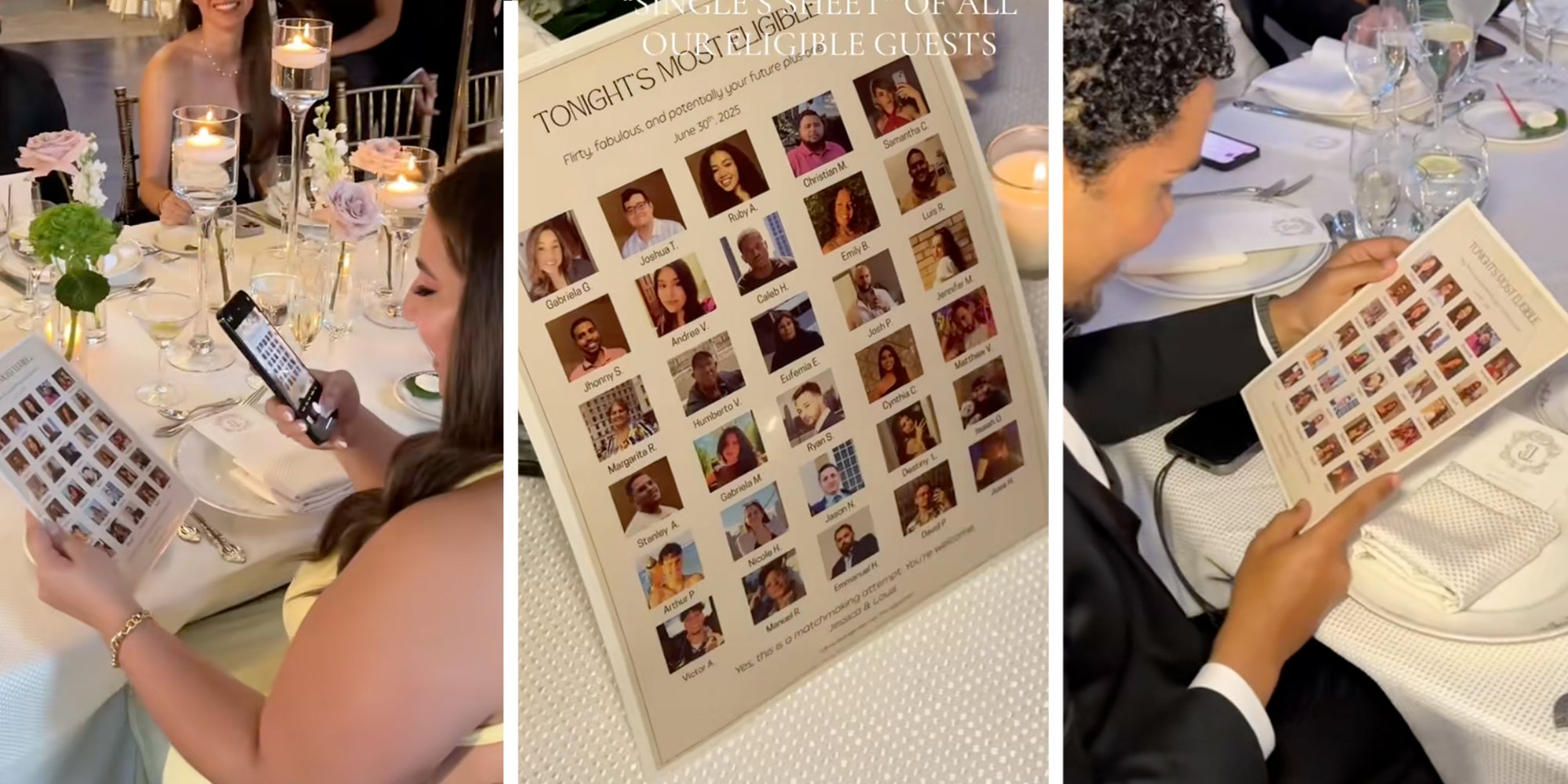 3 panel: Wedding guest taking a photo of 'most eligible singles' list. Middle: Most eligible singles list. Right: Wedding guest in a tuxedo looking at a laminated singles list.