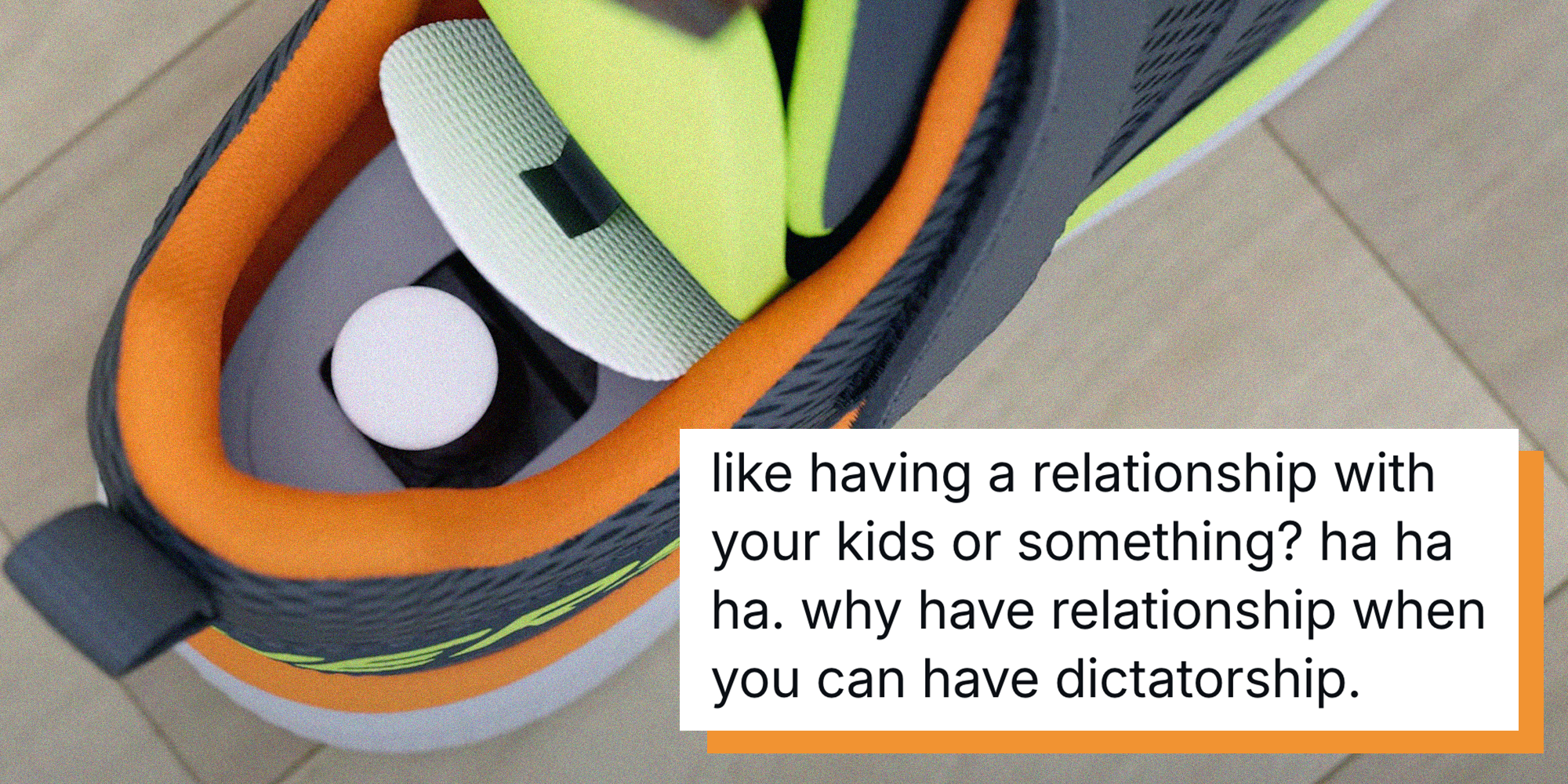 Left: BlueSky post reading 'like having a relationship with your kids or something? ha ha ha. why have relationship when you can have dictatorship.' Right: Skechers shoe with an Airtag compartment