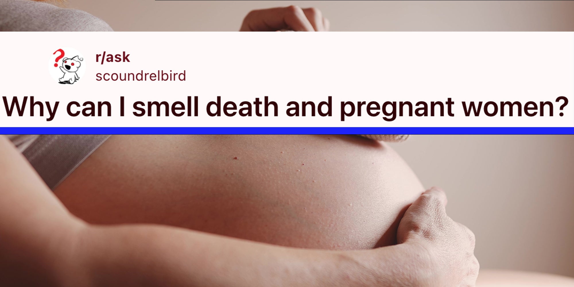 Baby shoes on the belly of a pregnant woman. Reddit overlay reads: "Why can I smell death and pregnant women?"