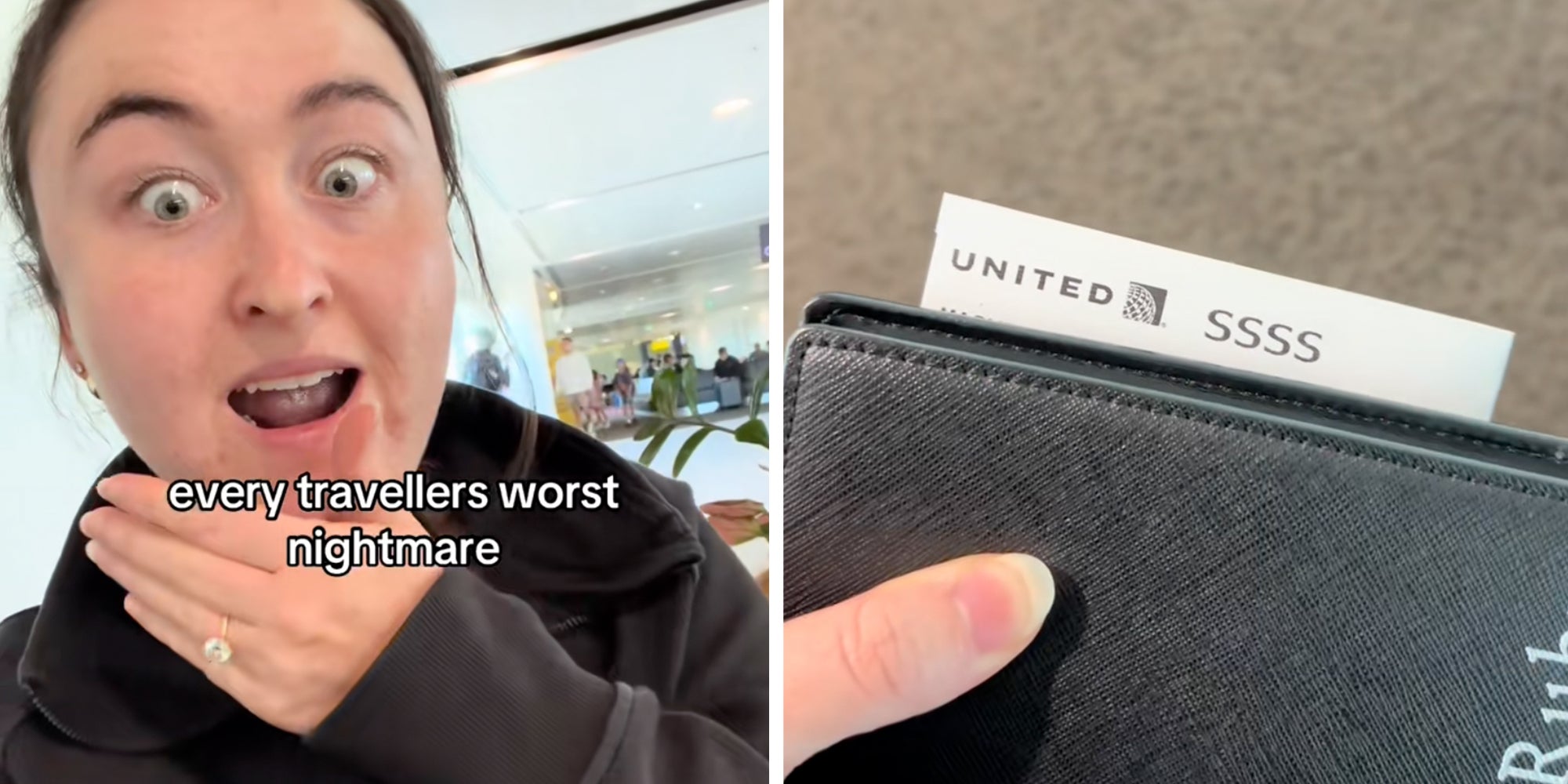 Left: Woman with shocked face under caption reading 'Every traveller's worst nightmare' Right: Boarding pass with the letters SSSS