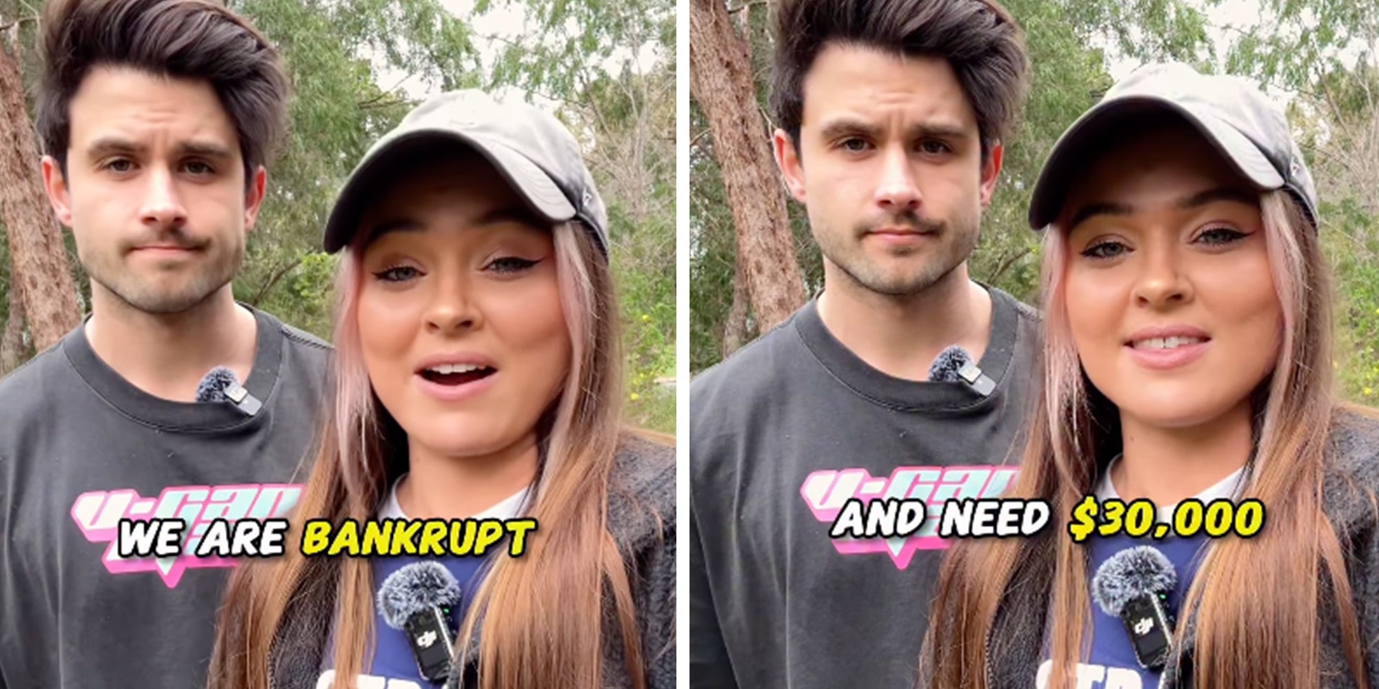 Vegan activists Tash Peterson and Jack Higgs looking into the camera. Left panel caption overlay reads: "We are bankrupt." Right panel reads "And need $30,000."