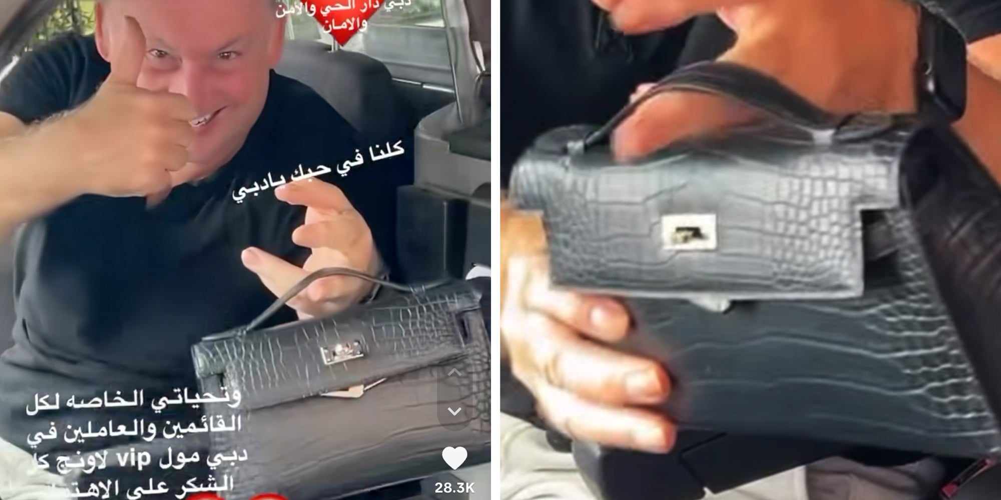 Taxi driver holding black Hermes purse as he returns it to woman who forgot it in his car.