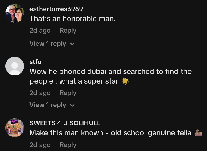 TikTok comments including one reading 'That’s an honorable man'