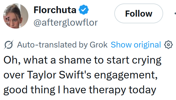 Tweet reading 'Oh, what a shame to start crying over Taylor Swift's engagement, good thing I have therapy today'