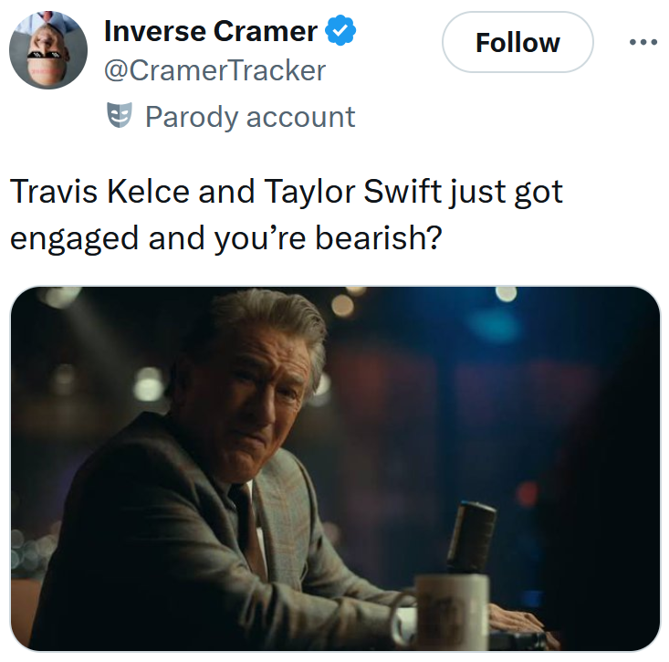 Taylor Swift and Travis Kelce engagement meme tweet reading 'Travis Kelce and Taylor Swift just got engaged and you’re bearish?'
