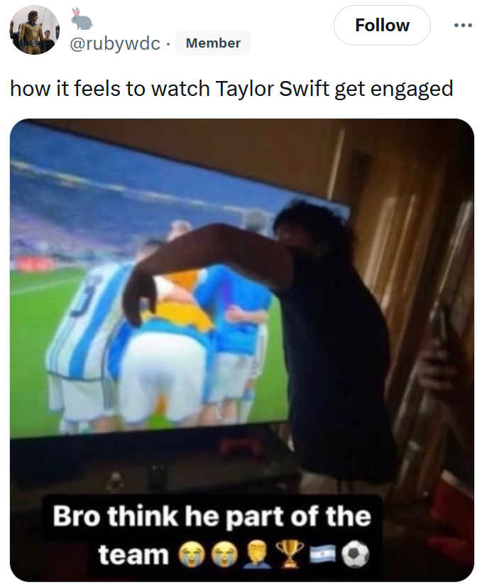 Taylor Swift and Travis Kelce engagement meme with an image of a man in front of a TV pretending to be part of a huddle.