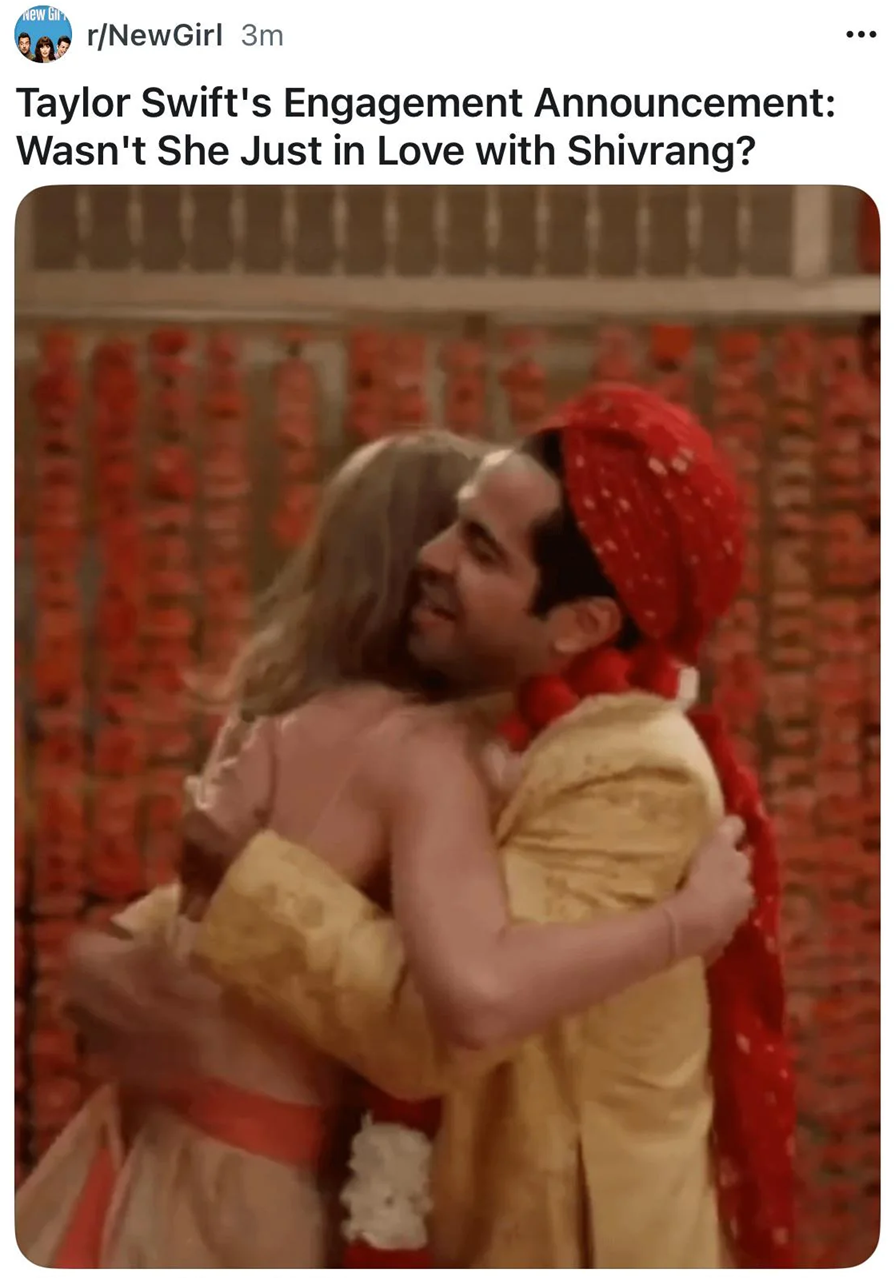 Taylor Swift and Travis Kelce engagement meme with a screenshot of Swift hugging Shivrang.