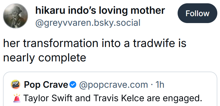 Bluesky post reading 'her transformation into a tradwife is nearly complete'