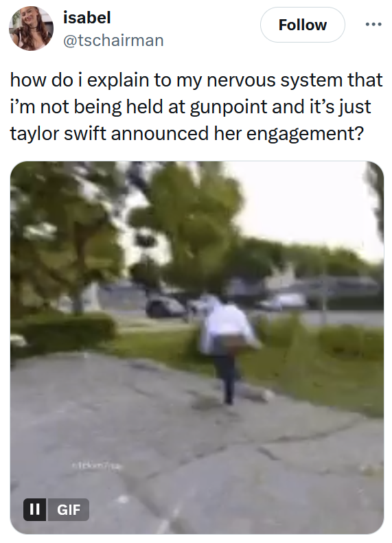Taylor Swift and Travis Kelce engagement meme with a gif of a man running away.