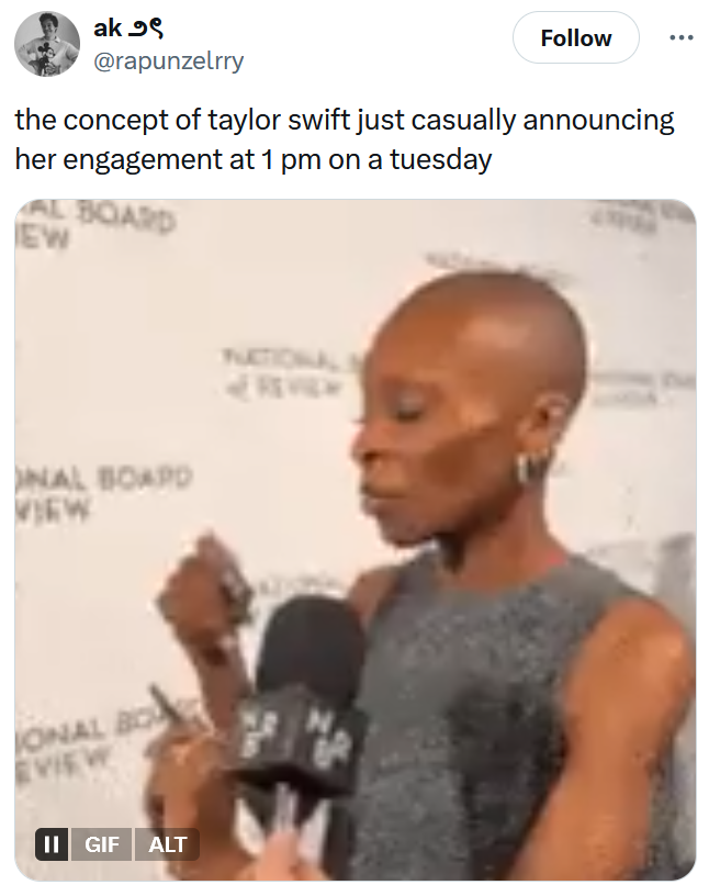 Taylor Swift and Travis Kelce engagement meme with a gif of a woman tapping her head with her fingernails.