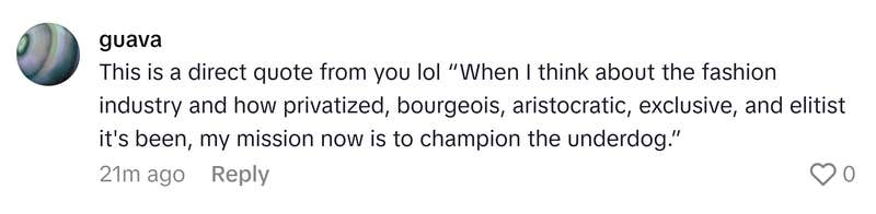 TikTok comment that reads, "This is a direct quote from you lol 'When I think about the fashion industry and how privatized, bourgeois, aristocratic, exclusive, and elitist it's been, my mission now is to champion the underdog.'"