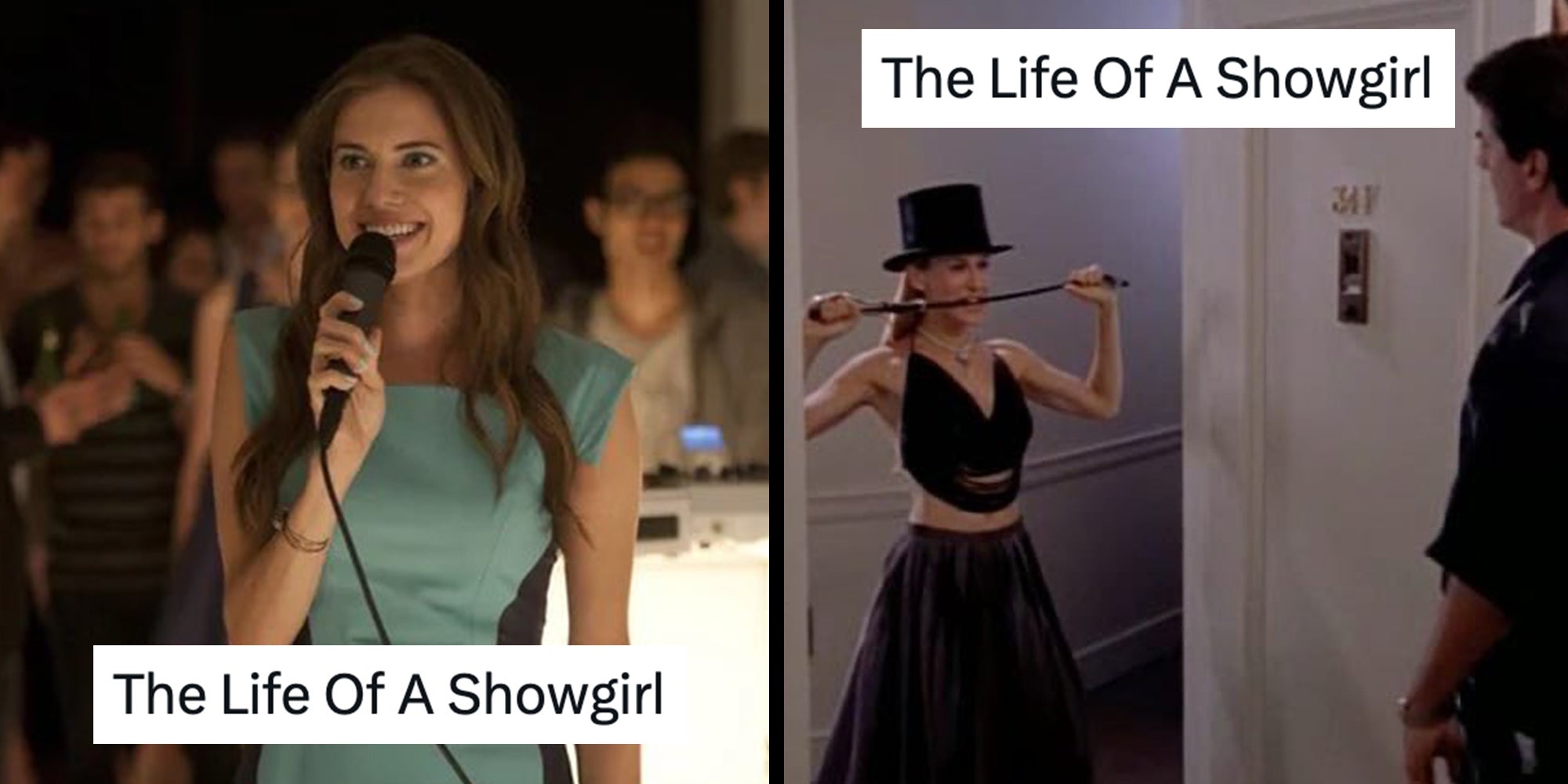 Left: Marnie from HBO's 'Girls' under caption reading 'The Life Of A Showgirl.' Right: Sarah Jessica Parker as Carrie Bradshaw in SATC wearing a top hat and riding crop as Big opens the door, under caption reading 'The Life Of A Showgirl.'