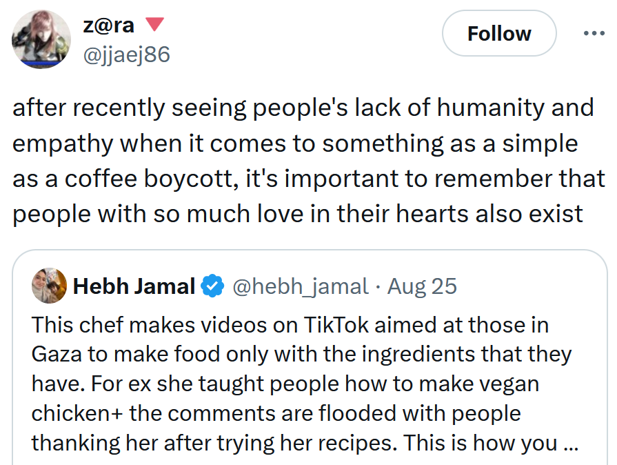Tweet reading 'after recently seeing people's lack of humanity and empathy when it comes to something as a simple as a coffee boycott, it's important to remember that people with so much love in their hearts also exist'