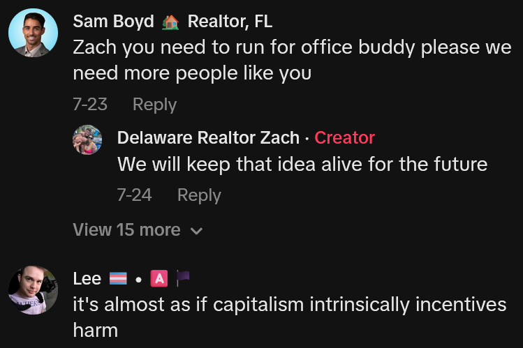 TikTok comments including one reading 'Zach you need to run for office buddy please we need more people like you'