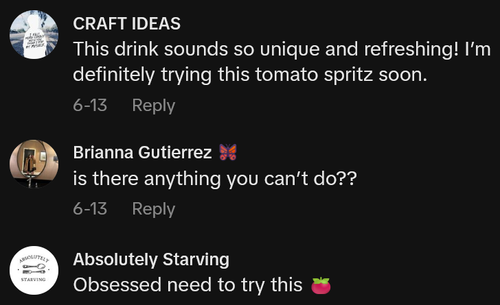 TikTok comments including one reading 'This drink sounds so unique and refreshing! I’m definitely trying this tomato spritz soon.'