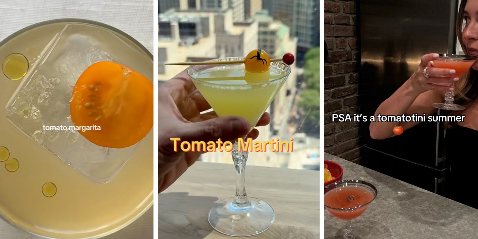 Left: Tomato margarita birds eye view. Middle: Hand holding a tomato martini against a city skyline Right: Woman drinking a tomato martini