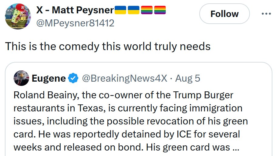 Tweet reading 'This is the comedy this world truly needs'