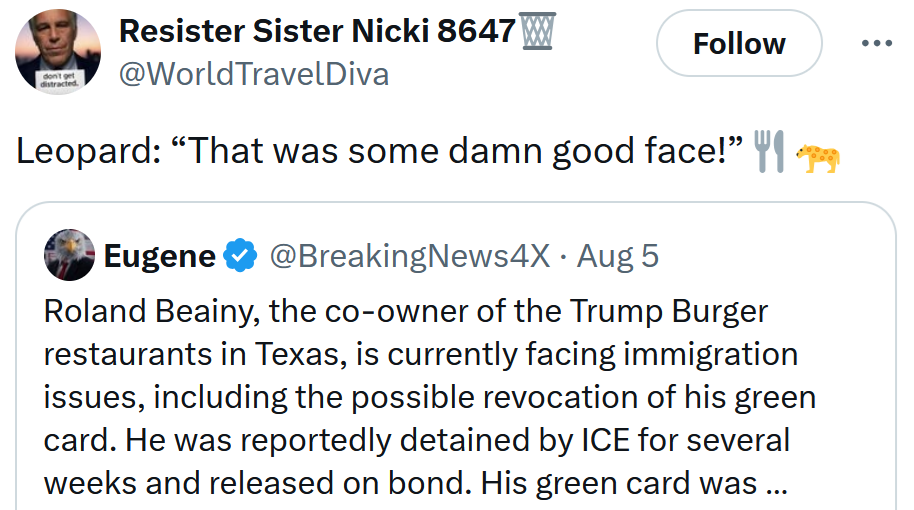 Tweet reading 'Leopard: “That was some damn good face!”'