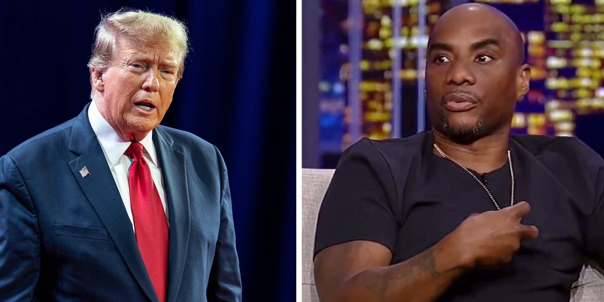 Left: President Donald J. Trump arrives on stage during CPAC Conference 2024 at Gaylord National Resort Convention Center in Washington DC on February 24, 2024 Right: Radio personality Charlamagne Tha God speaking on Fox News