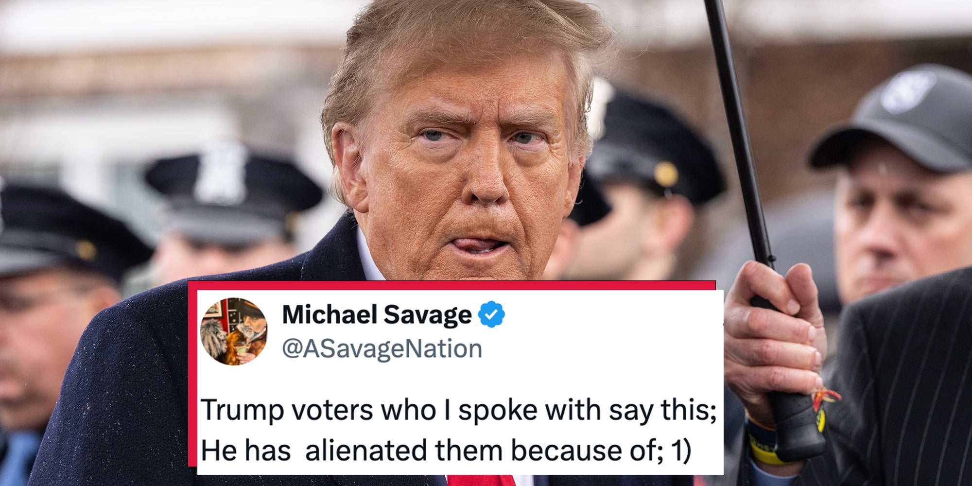 President Donald Trump Jr. speaks to the press after attending wake for NYPD officer Jonathan Diller at Massapequa Funeral Home in Massapequa Park, NY on March 28, 2024 with tweet overlay from Michael Savage reading: Trump voters who I spoke with say this; He has alienated them because of 1)