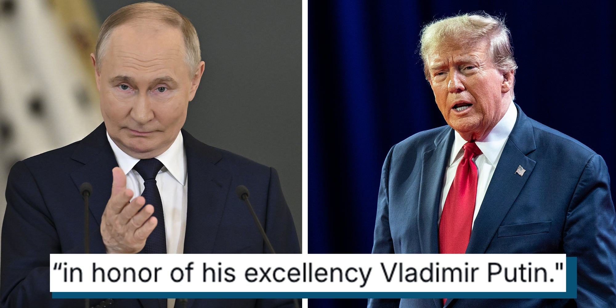 Left: President Donald J. Trump arrives on stage during CPAC Conference 2024 at Gaylord National Resort Convention Center in Washington DC. Right: Russian President Vladimir Putin holds a press conference with Indian Prime Minister Narendra Modi. Russia, Moscow.