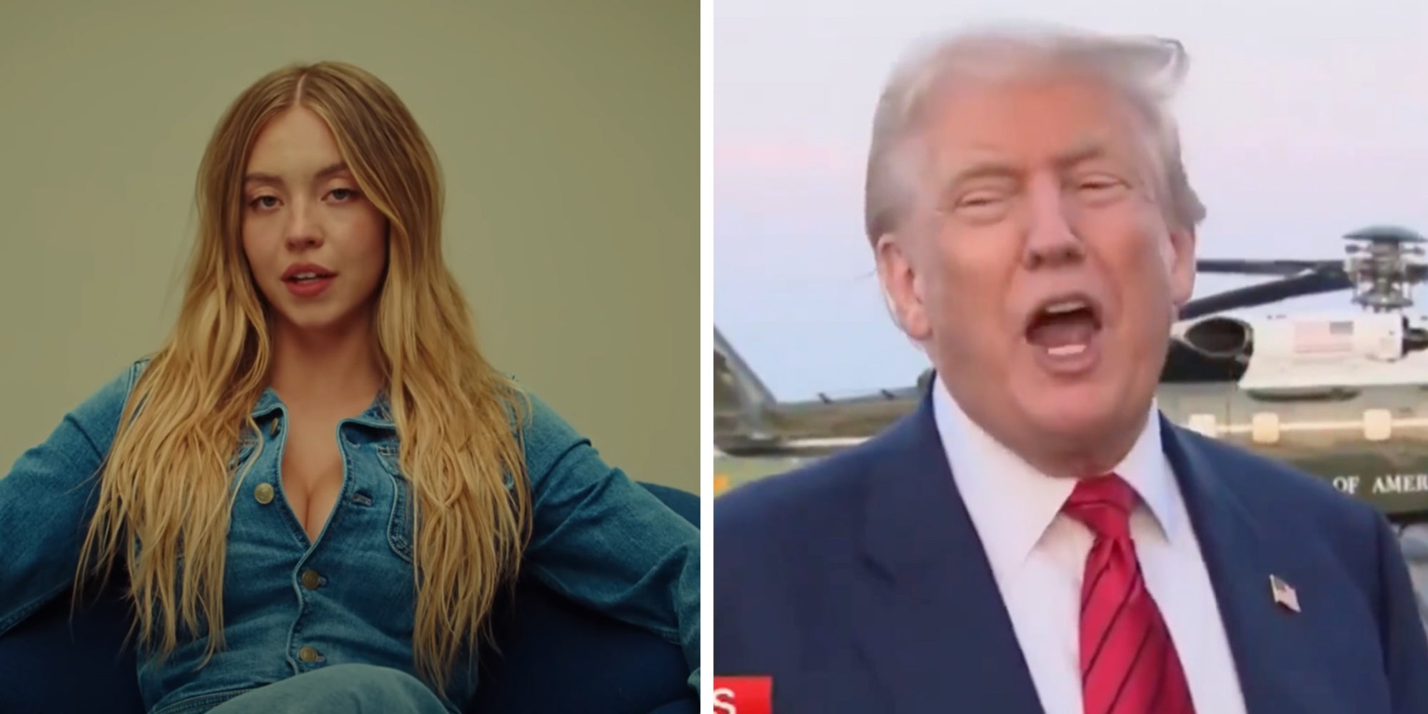Left: Sydney Sweeney for American Eagles good jeans/good genes ad Right: President Donald Trump responding to Sydney Sweeney being a registered Republican