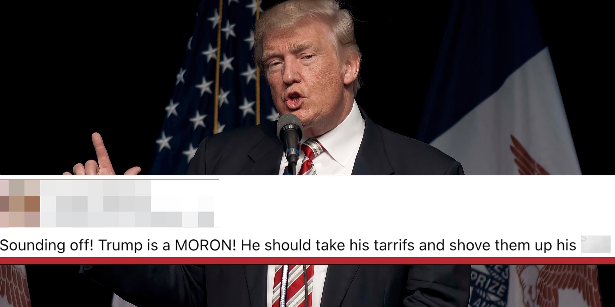 Donald Trump addresses a group of 1600 supporters at rally in the Seven Flags event center. Facebook post screenshot overlay reads, "Trump is a MORON! He should take his tarrifs and shove them up his a**!"