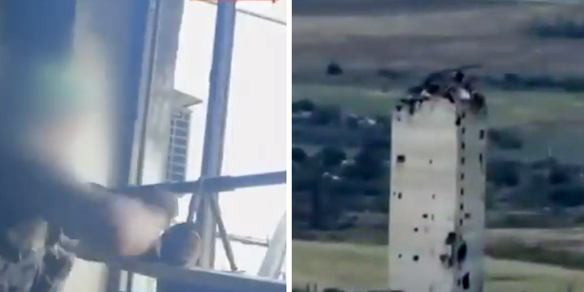 Left: Ukrainian sniper reloading a rifle, his face blurred out. Right: Tower standing in a field.