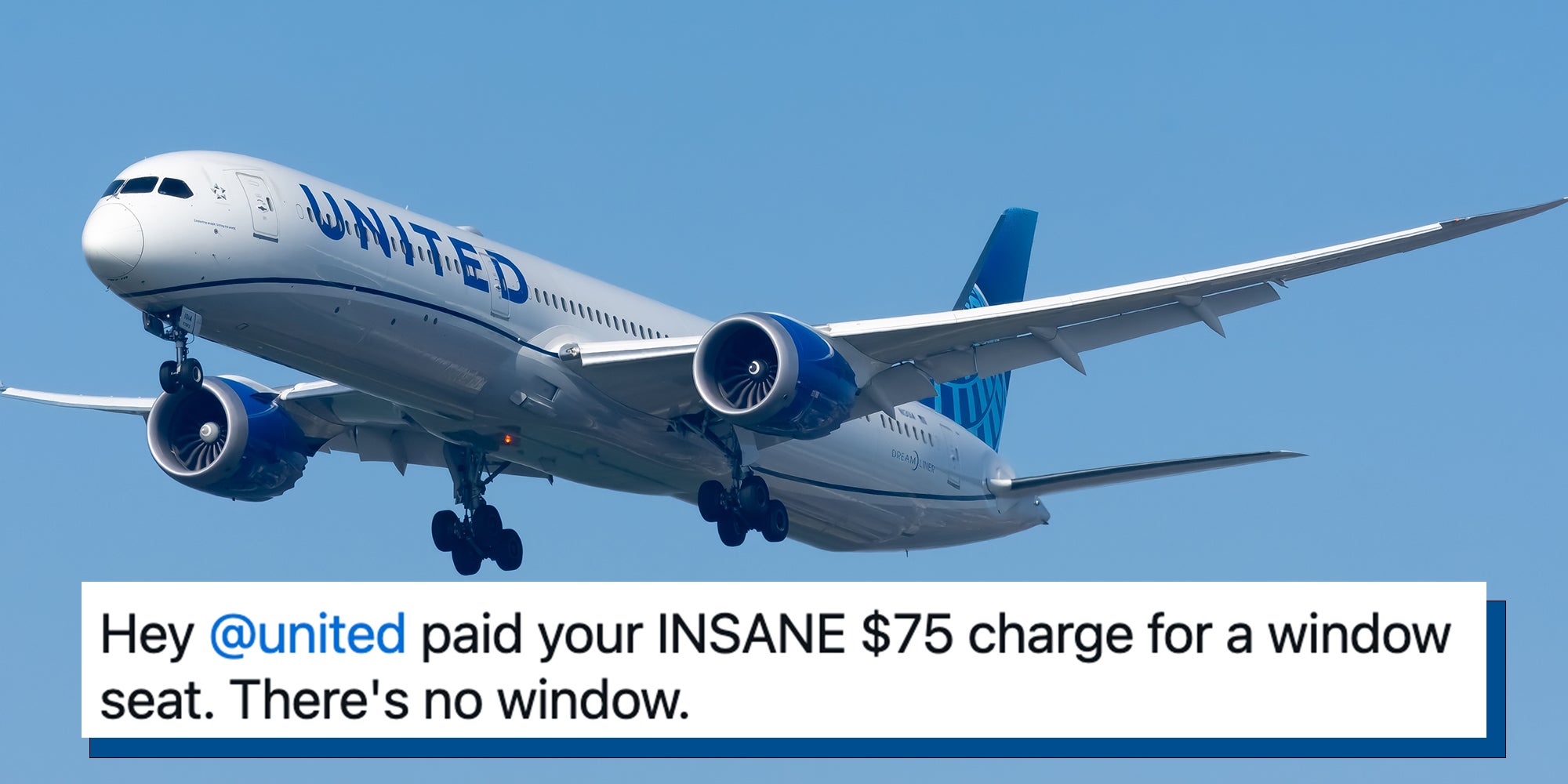 United Airlines Boeing 787-10 seen landing at Tel Aviv Ben Gurion Airport. Caption overlay reads, ' paid your INSANE $75 charge for a window seat. There's no window.'