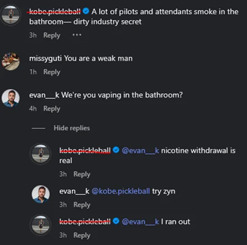 Instagram comments including one reading 'nicotine withdrawal is real.'