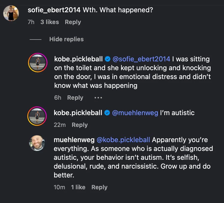 Instagram comments including one reading 'I was sitting on the toilet and she kept unlocking and knocking on the door, I was in emotional distress and didn't know what was happening.'