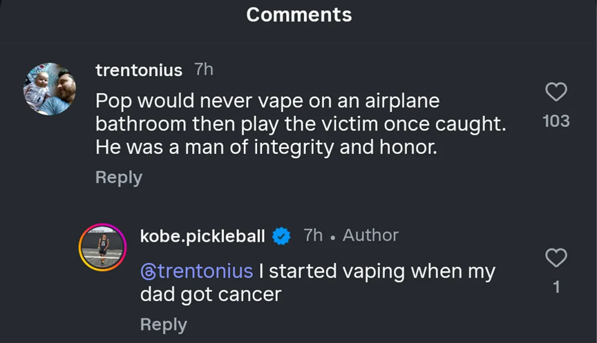 Instagram comments including one reading 'I started vaping when my dad got cancer.'