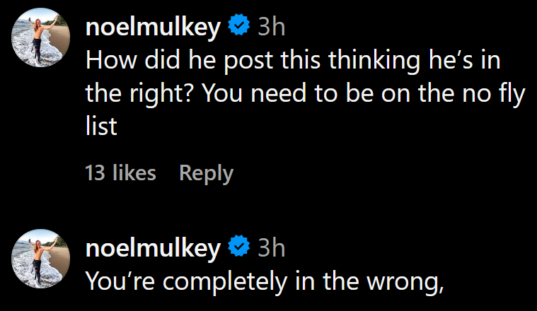 Instagram comments including one reading 'How did he post this thinking he’s in the right? You need to be on the no fly list.'