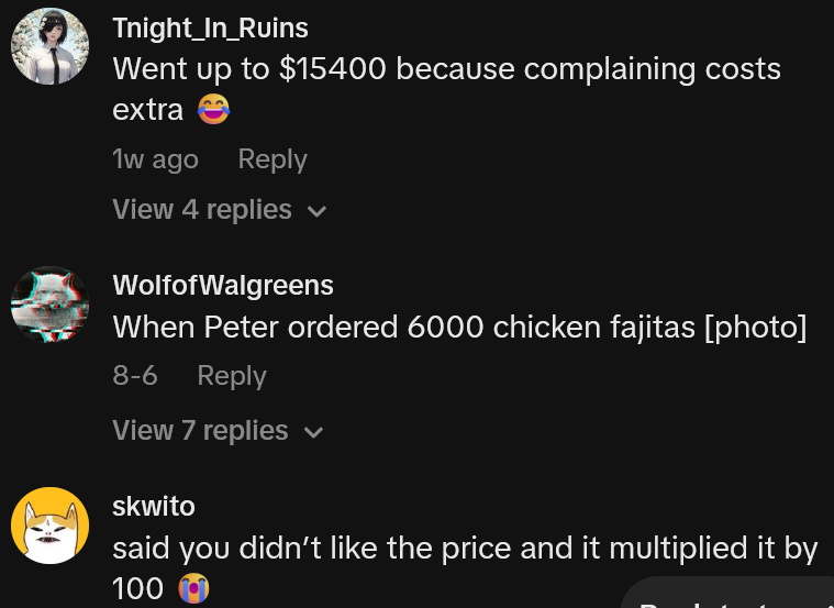 TikTok comments including one reading 'Went up to $15400 because complaining costs extra'