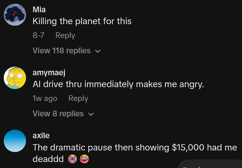 TikTok comments including one reading 'Killing the planet for this'