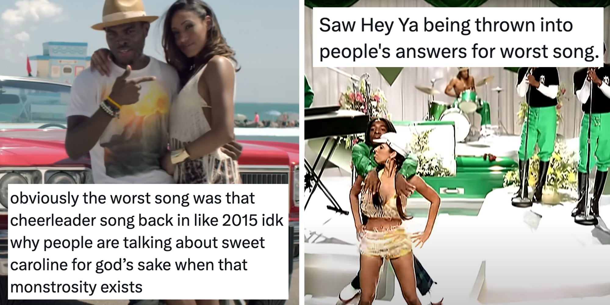 Left: Still from music video for 'Cheerleader' by OMI and Felix Jaehn Remix Right: Still from music video for 'Hey Ya!' by Outkast