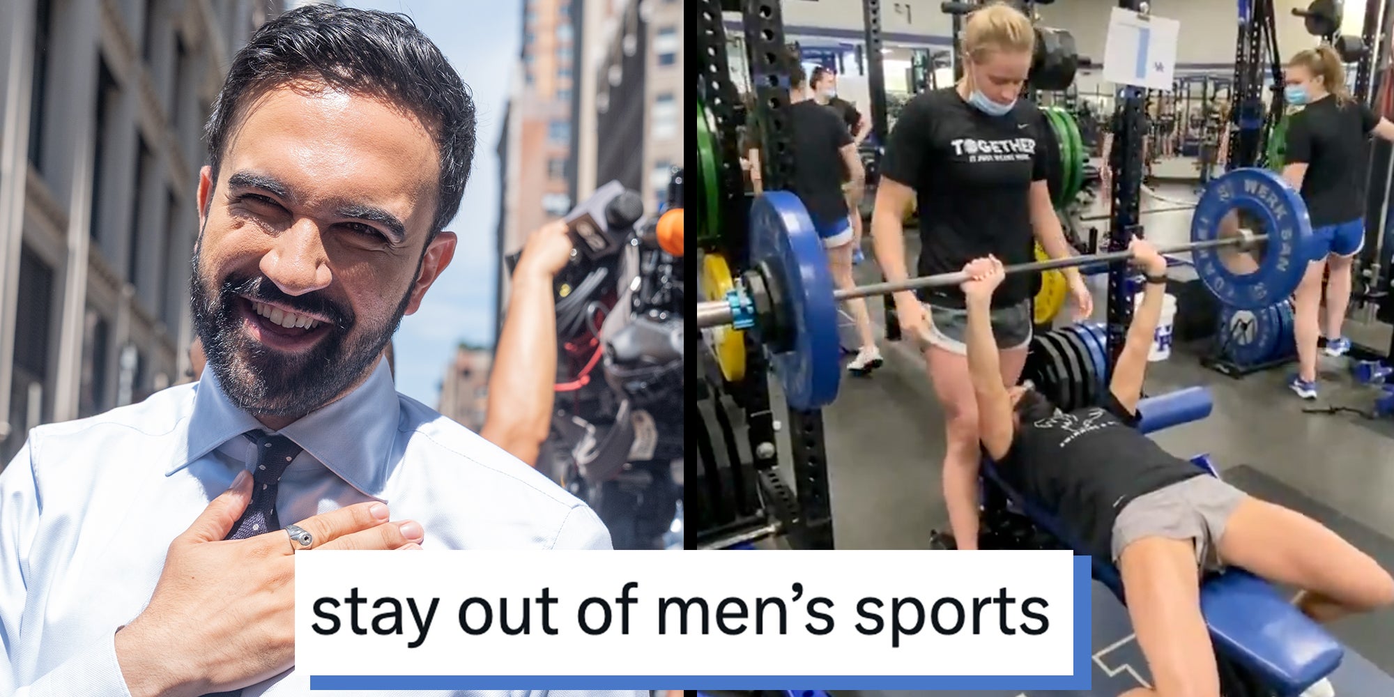Left: Zohran Mamdani who is likely to become next mayor of the city attends Pride parade on a theme 'Rise Up: Pride in Protest' on 5th Avenue in New York on June 29, 2025. Right: Riley Gaines bench pressing 165 pounds while another women spots her in a gym. Caption overlay reads 'Stay out of men's sports.'