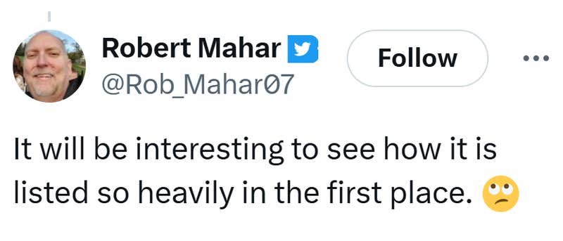 Tweet that reads, "It will be interesting to see how it is listed so heavily in the first place. (rolling eyes emoji)"