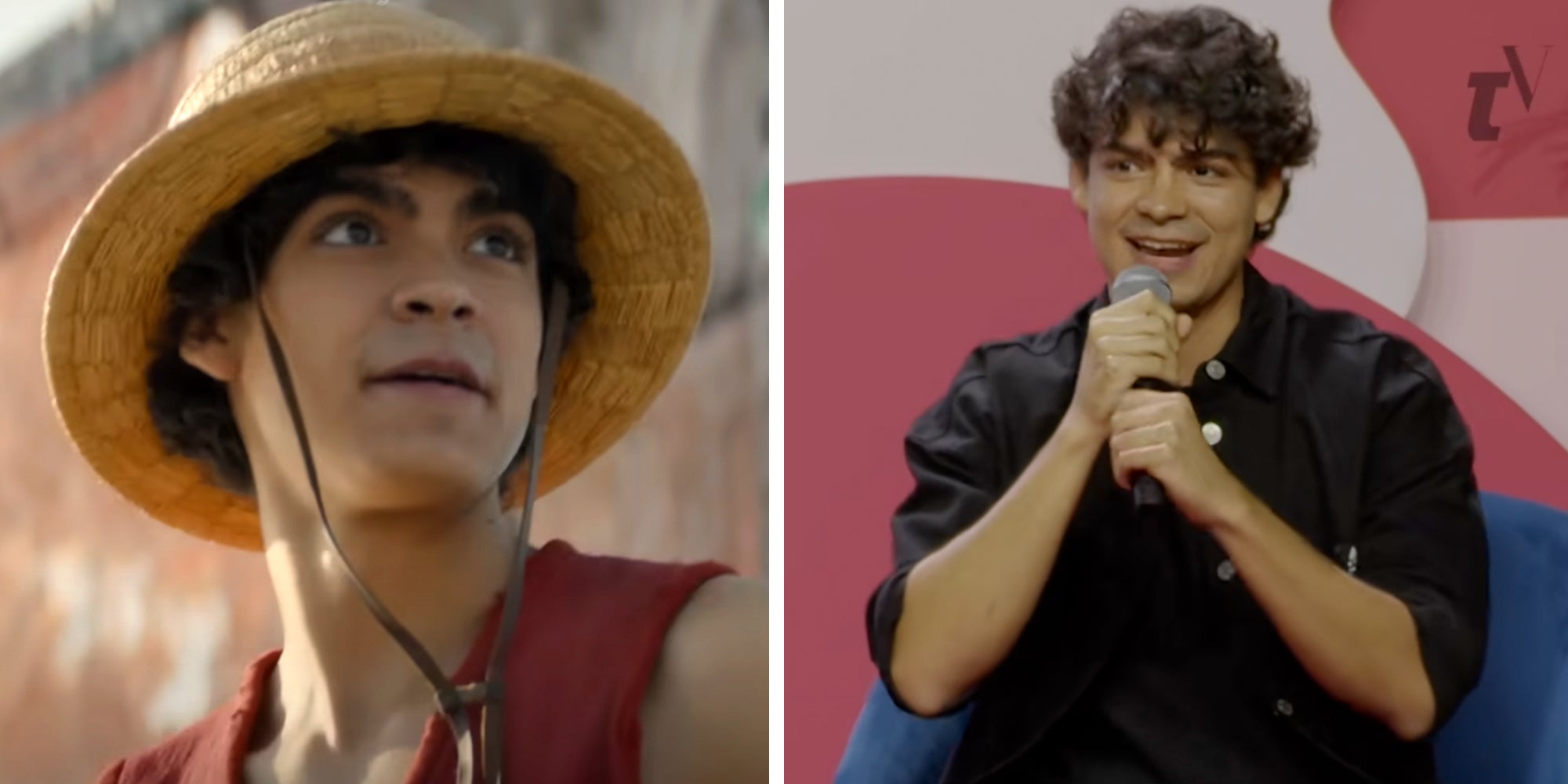 Left: One Piece star Iñaki Godoy on the Netflix live-action version of the show. Right: One Piece star Iñaki Godoy holding a microphone at the Teen Vogue Summit in Los Angeles.