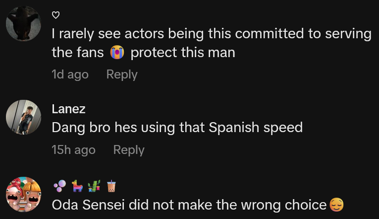 TikTok comments including one reading 'I rarely see actors being this committed to serving the fans, protect this man'