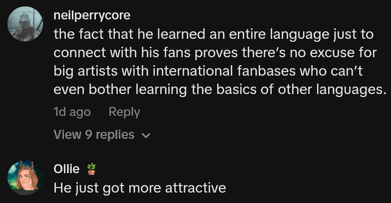 TikTok comments including one reading 'the fact that he learned an entire language just to connect with his fans proves there’s no excuse for big artists with international fanbases who can’t even bother learning the basics of other languages.'