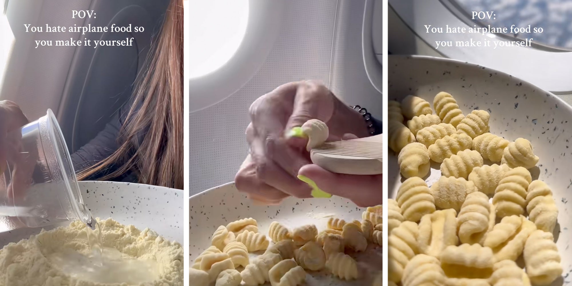 3 panel: Chef making gnocchi from scratch on an airplane.