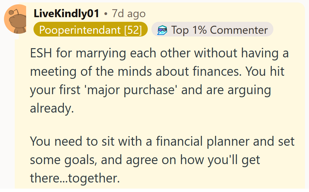 Reddit comment reading 'ESH for marrying each other without having a meeting of the minds about finances. You hit your first 'major purchase' and are arguing already. You need to sit with a financial planner and set some goals, and agree on how you'll get there...together.'