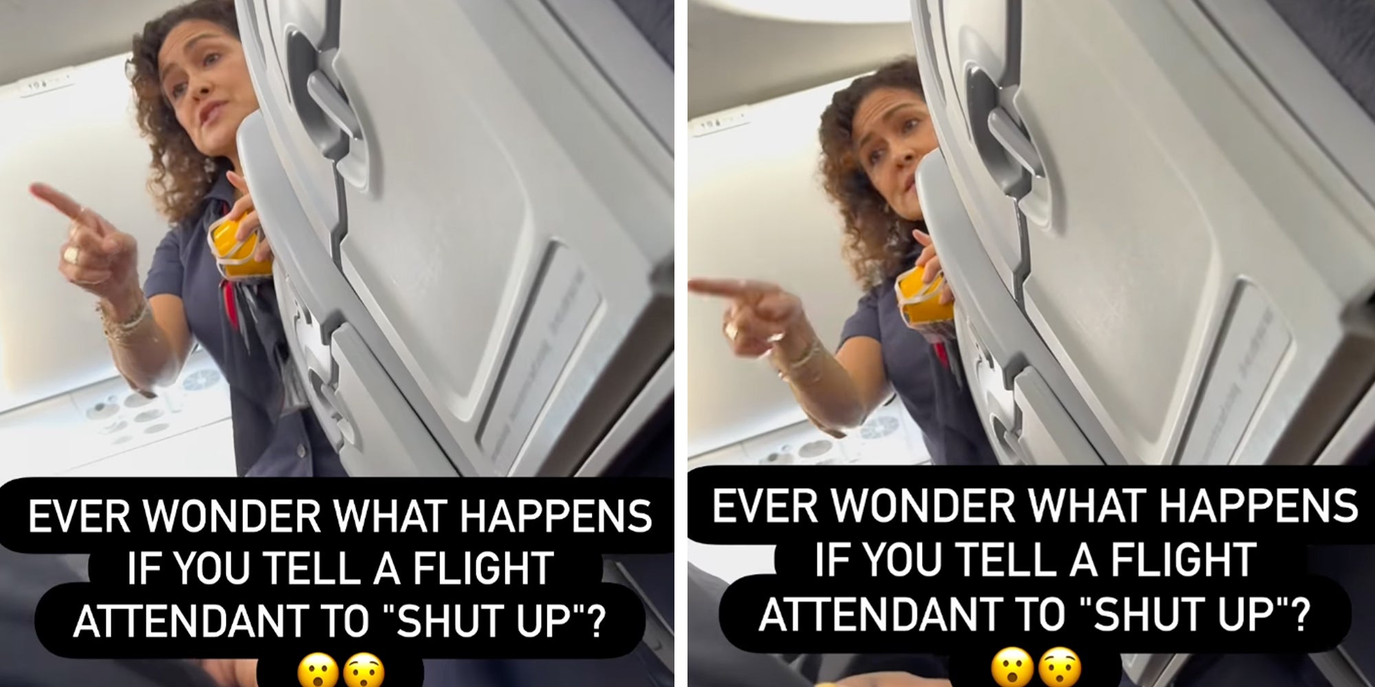 American Airlines flight attendant pointing at unruly passenger, caption overlay reads: 'Ever wonder what happens when you tell a flight attendant shut up?'
