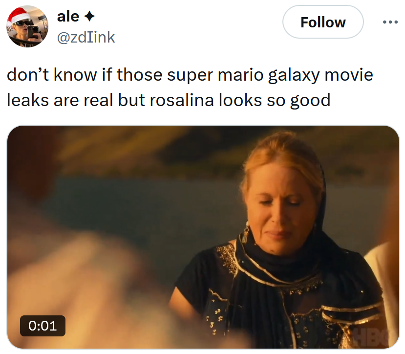 Tweet reading 'don’t know if those super mario galaxy movie leaks are real but rosalina looks so good' with a gif of a woman praying.