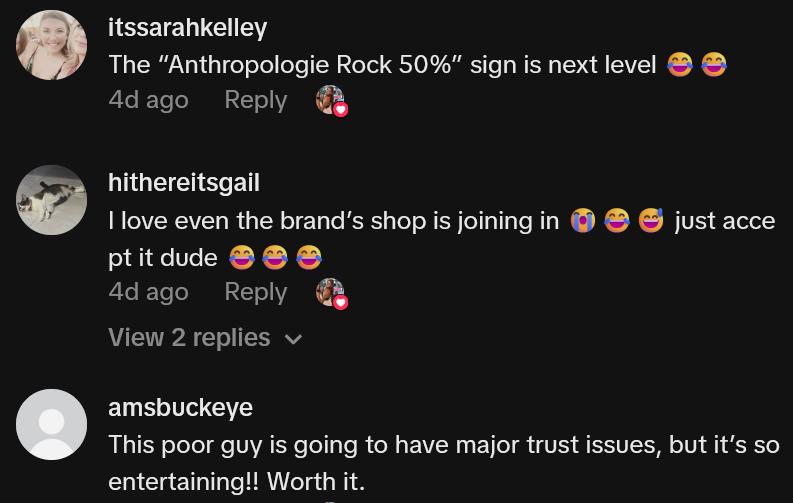 TikTok comments including one reading 'I love even the brand’s shop is joining in, just accept it dude'
