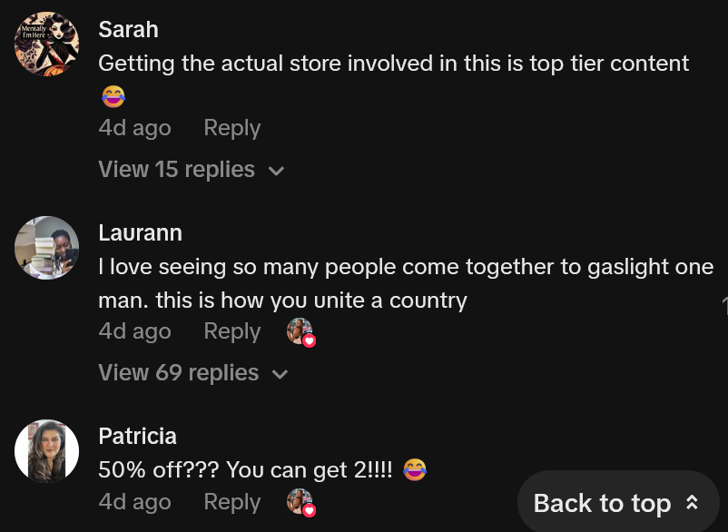 TikTok comments including one reading 'Getting the actual store involved in this is top tier content'